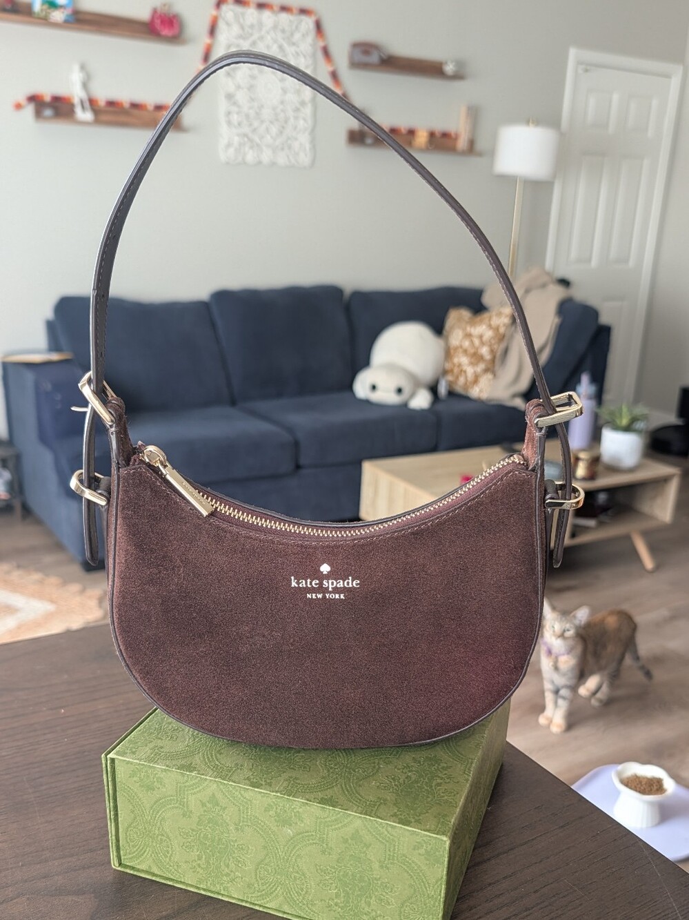 kate spade Brown Suede Crescent Shoulder Bag with Gold Hardware